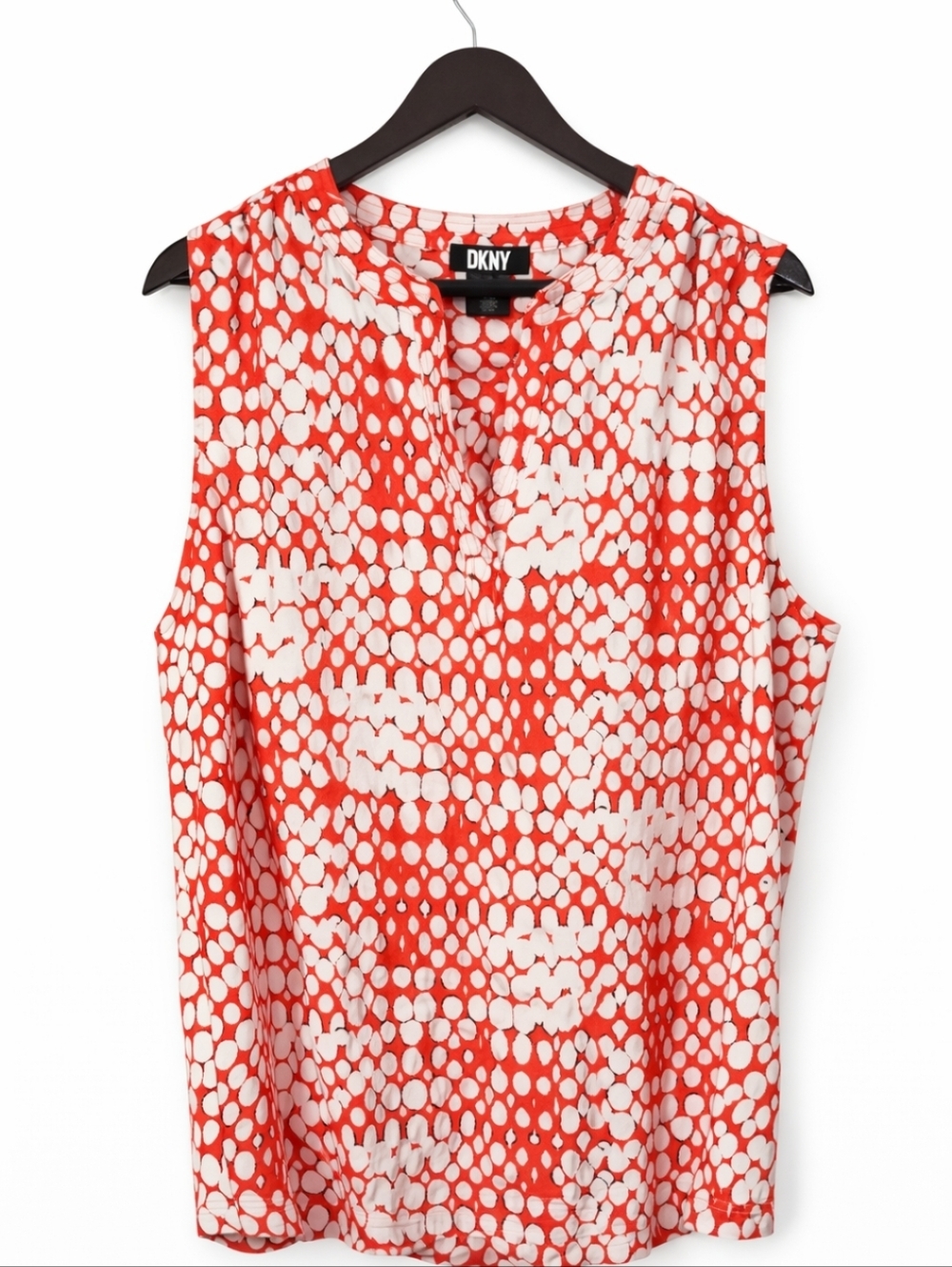 DKNY Red White Spotted Vneck Sleeveless Blouse Sz XL